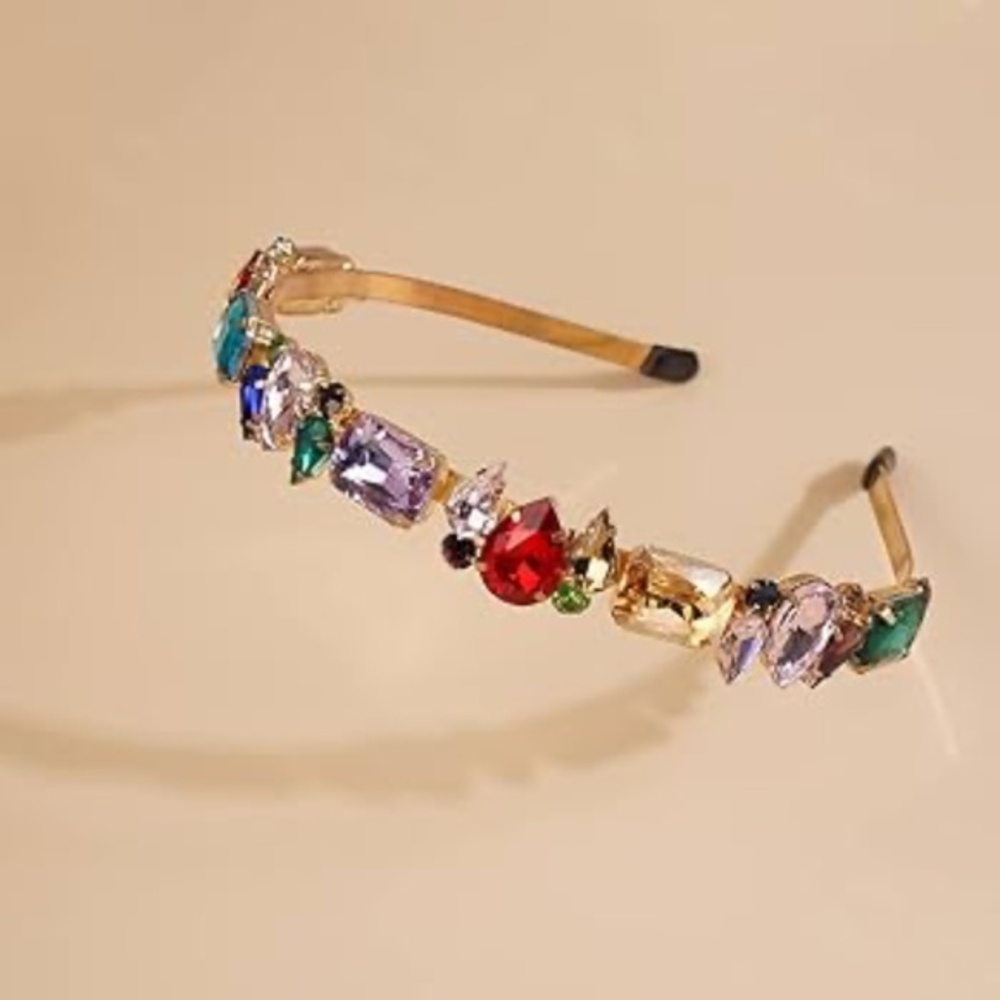 Chunky Multicolor Crystal Statement Headband Gold Jewel Tone Hairband OS